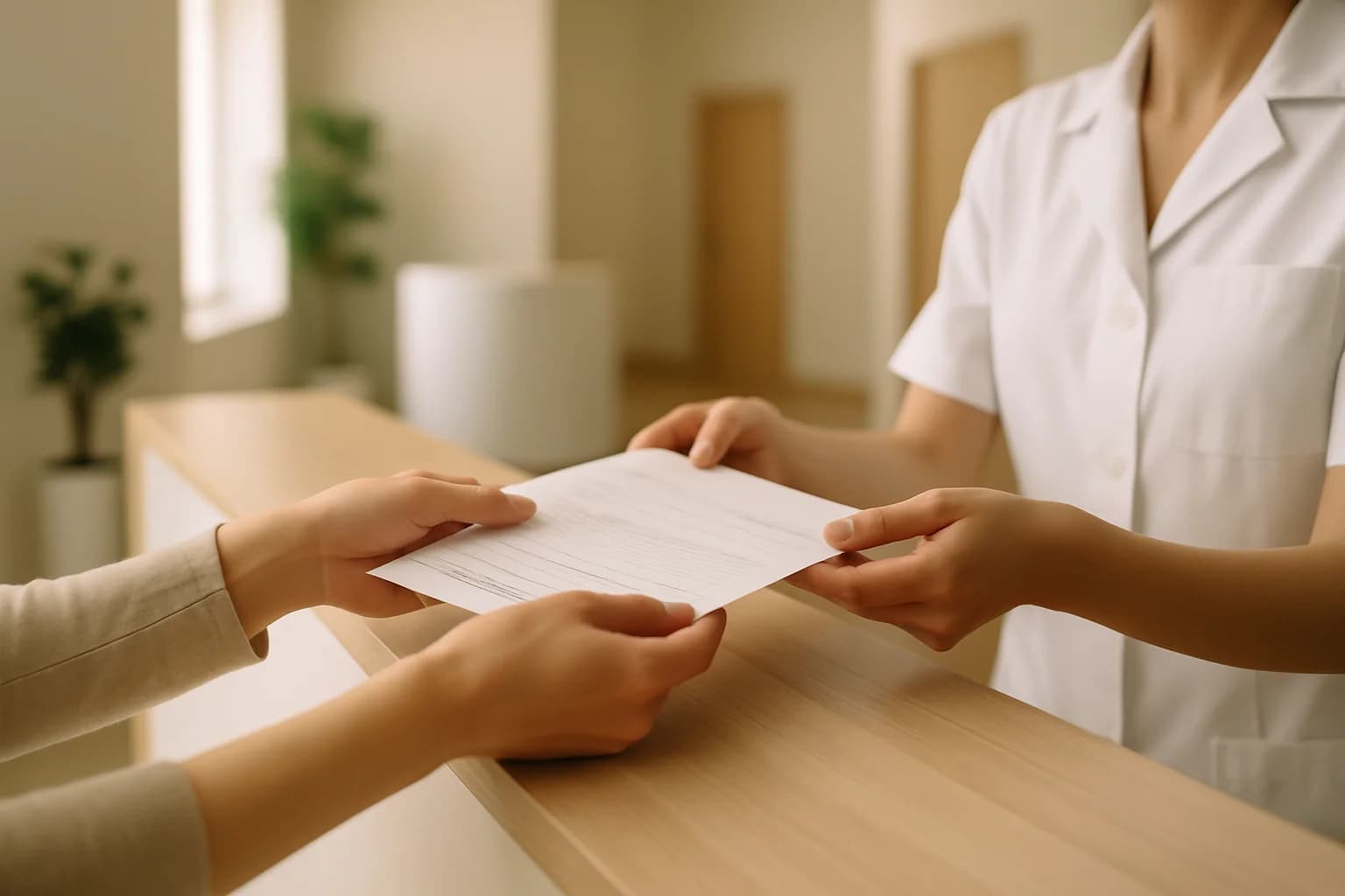 Mani che scambiano documenti medici al bancone di una clinica di fisioterapia convenzionata a San Donà di Piave