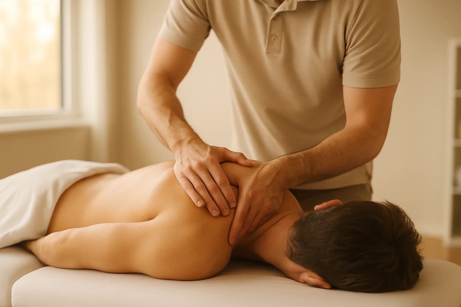 Terapista esegue un trattamento manuale sulla spalla di un paziente nello studio di fisioterapia a San Donà di Piave